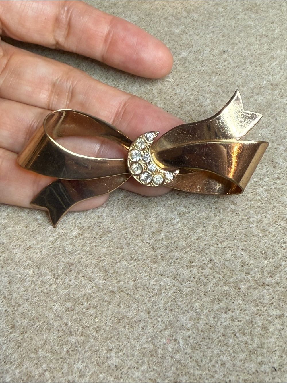 Gold Tone Bow Brooch with Crystal Crescent Moon - Vintage